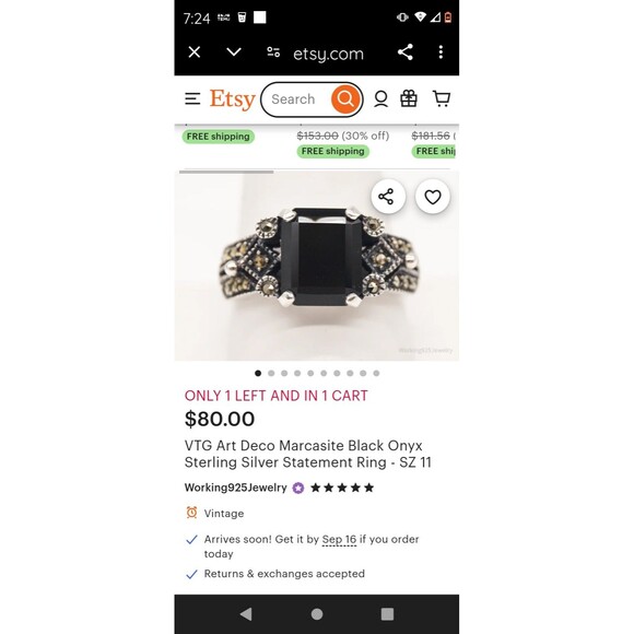 VTG Black Onyx Art Deco Ring Sterling Stamped 925 Size 7 - Picture 2 of 6